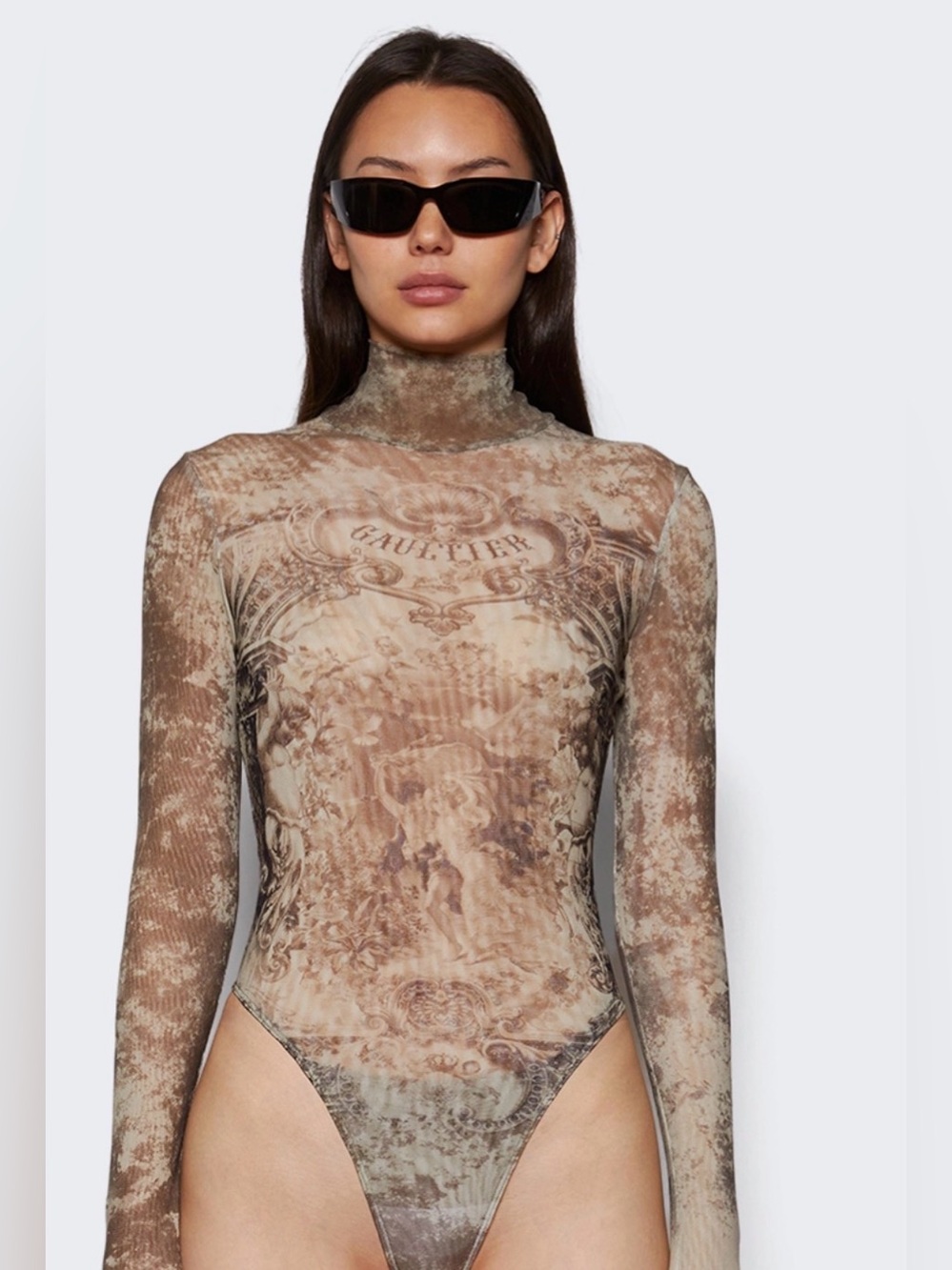 JEAN PAUL GAULTIER PEN BACK MESH BODYSUIT BEIGE MÉDAILLON PRINT